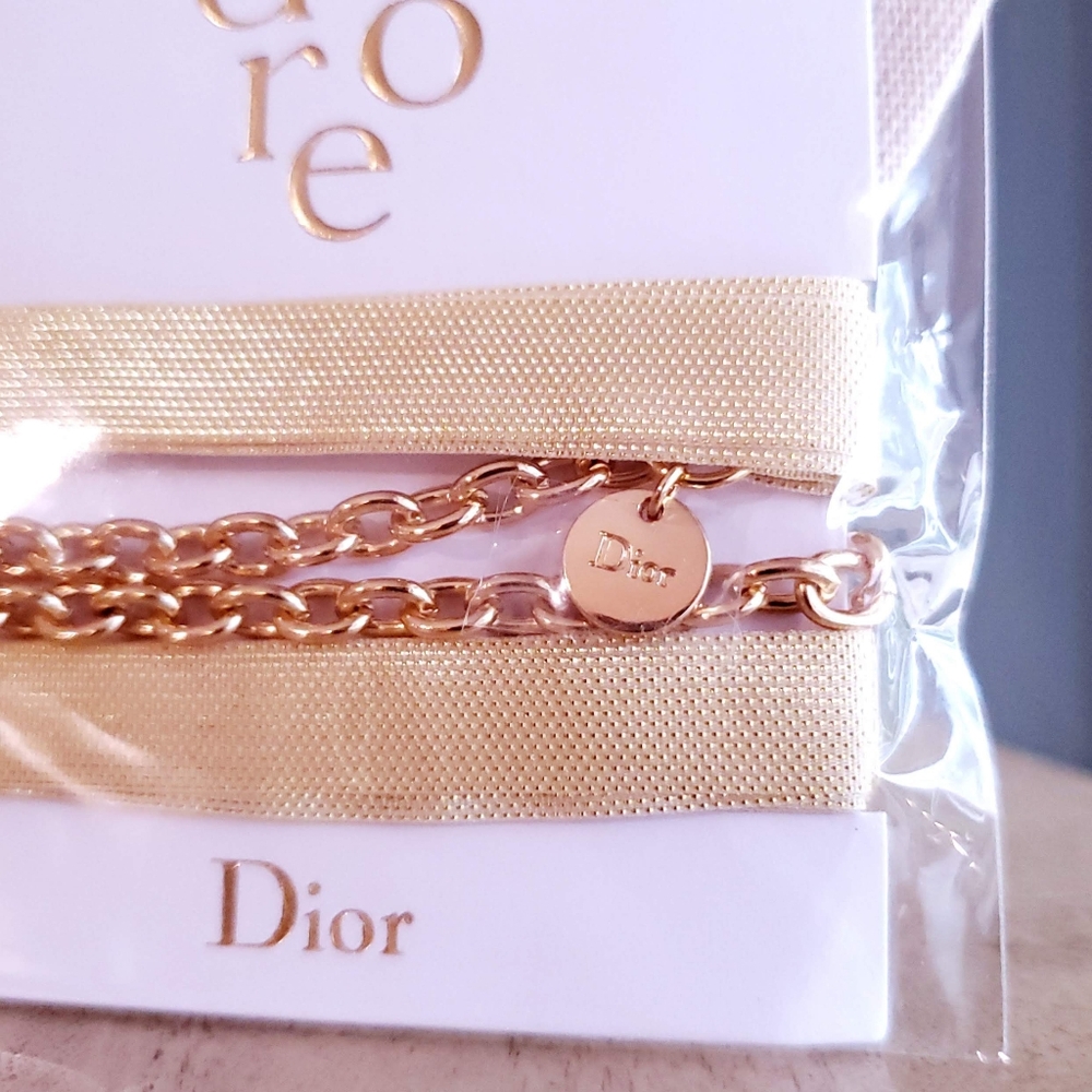 NWT Dior Choker Necklace Gold Logo Charm Ribbon Limited Dior Jadore - Picture 2 of 5